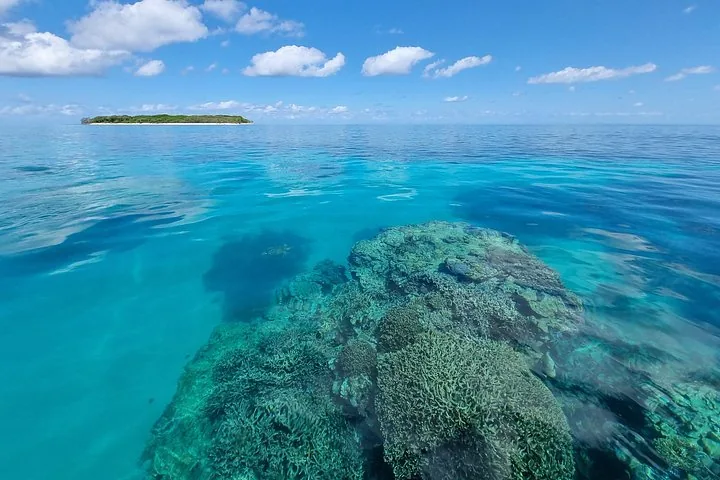 Klares türkisfarbenes Wasser über einem Korallenriff mit einer Insel in der Ferne